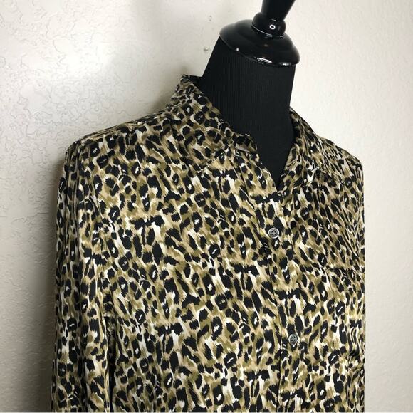 Equipment brown black tan leopard animal print button down top size Large - Picture 2 of 14
